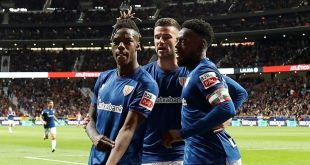 Nico Williams points to his skin colour after scoring for Athletic Club against Atletico Madrid in April 2024, having earlier been targeted by racial abuse from some of the home fans.