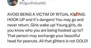 Avoid being a victim of r!tual k!lling - Ogun state police command warns girls against engaging in prostitution