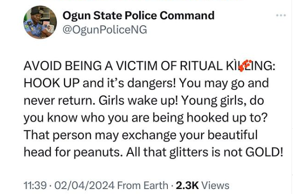 Avoid being a victim of r!tual k!lling - Ogun state police command warns girls against engaging in prostitution