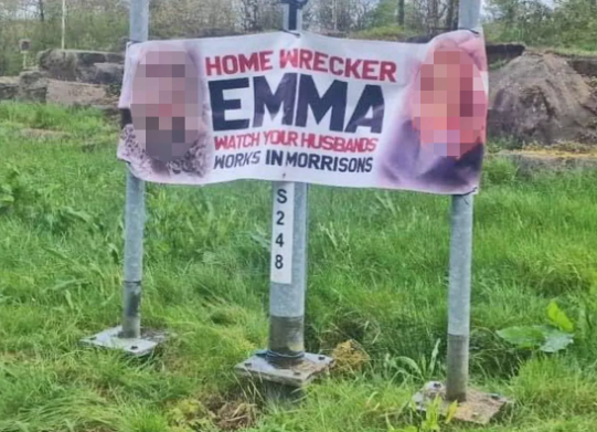Banner calling out "home wrecker" with her face and work place on display is plastered by a roadside