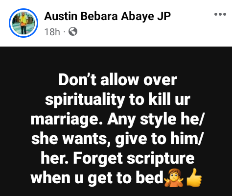 Don?t allow over spirituality to kill your marriage. Give your partner any style he or she wants in bed - Nigerian man advises couples