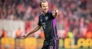 Harry Kane celebrates after scoring for Bayern Munich against Union Berlin in April 2024.