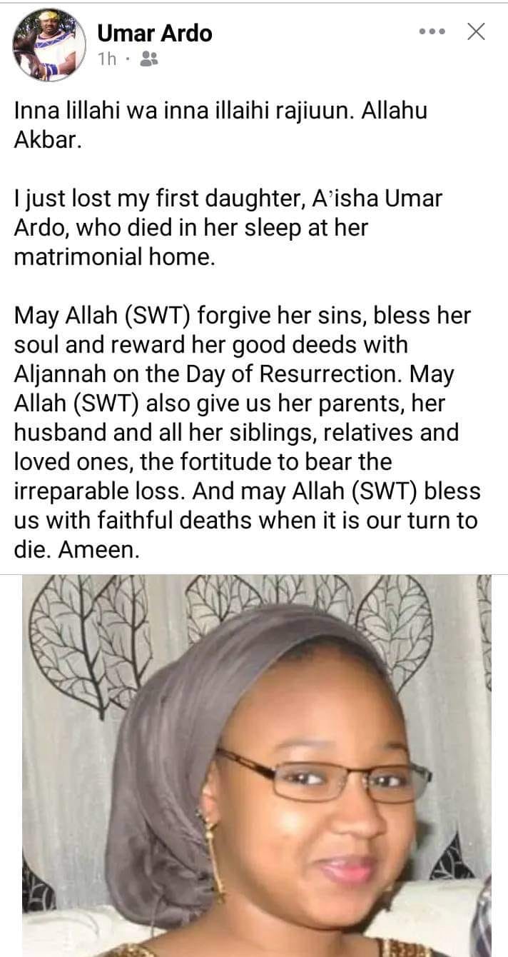 "Her grace and compassion knew no bounds" - Former Adamawa governorship candidate, Dr. Umar Ardo pays touching tribute to his daughter who died in her sleep