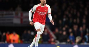 William Saliba of Arsenal runs with the ball during the Premier League match between Arsenal FC and West Ham United at Emirates Stadium on December 28, 2023 in London, England. (Photo by Stuart MacFarlane/Arsenal FC via Getty Images)