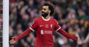 Mohamed Salah of Liverpool celebrates scoring during the Premier League match between Liverpool FC and Brentford FC at Anfield on November 12, 2023 in Liverpool, England.