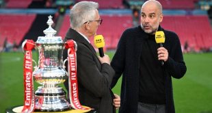 Manchester City manager Pep Guardiola speaks to Gary Lineker on the BBC after his side