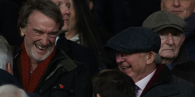 Sir Jim Ratcliffe shares a joke with Sir Alex Ferguson ahead of Manchester United