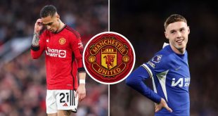 Manchester United crest as Antony and Chelsea winger Cole Palmer watch on