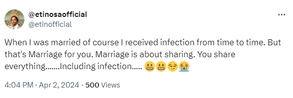 Marriage is about sharing. You share everything including infection- Etinosa