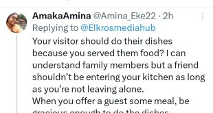 Nigerian man insists all guests at his house must do the dishes after eating