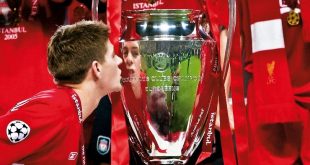 Steven Gerrard kisses the Champions League trophy after Liverpool