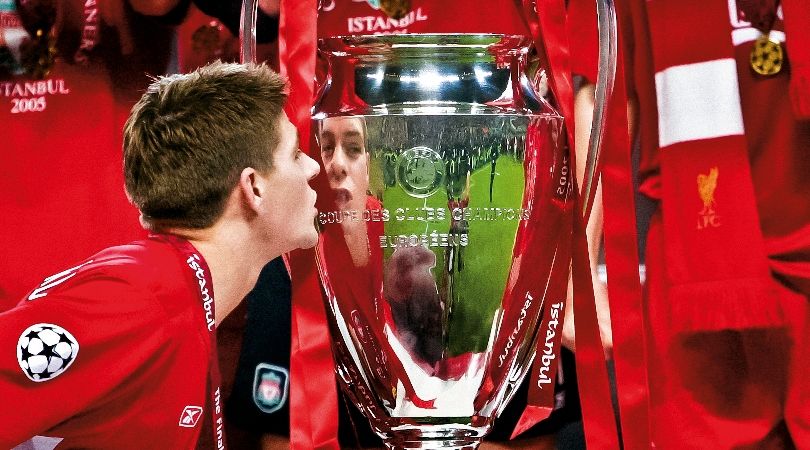 Steven Gerrard kisses the Champions League trophy after Liverpool