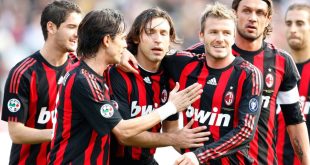 David Beckham and fellow team mates of Milan Team celebrate during the Serie A match between AC Siena and AC Milan at the Artemio Franchi Stadio on MARCH 15, 2009 in Siena, Italy. (Photo by New Press/Getty Images)