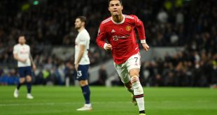Cristiano Ronaldo celebrates after scoring the first of his three goals for Manchester United in their 3-2 win at Tottenham in 2022.