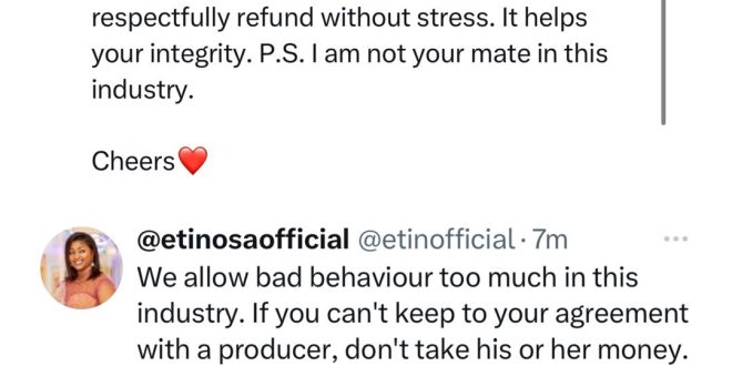 'I am not your mate in this industry' - Etinosa calls out BBNaija star, Pere, for failing to refund money for an acting gig he did not do
