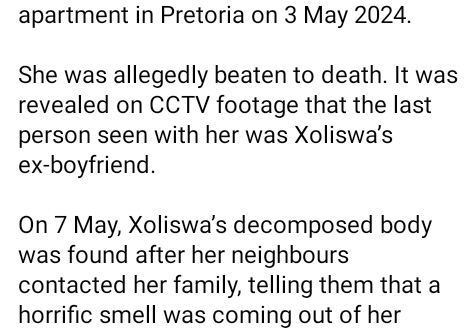 26-year-old South African lady beaten to death allegedly by her boyfriend a week after graduation