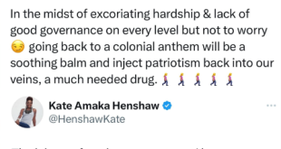 Actress Kate Henshaw reacts to the return to the old National anthem