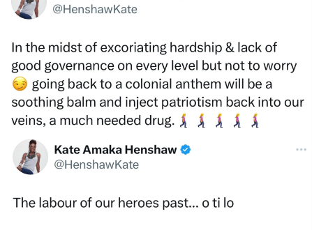 Actress Kate Henshaw reacts to the return to the old National anthem