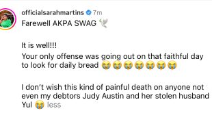 Actress Sarah Markns shades Judy Austin and Yul as she mourns Jnr Pope