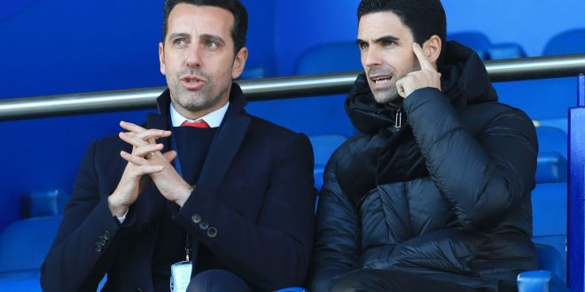 Arsenal techincal director Edu sits alongside first-team boss Mikel Arteta.