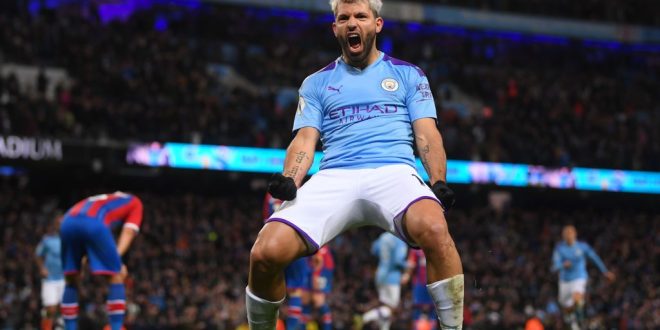 Sergio Aguero celebrates a goal for Manchester City.