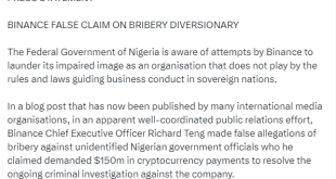 FG denies claims its officials demanded bribe from Binance