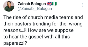 How are we supposed to hear the gospel when church media teams and their pastors are trending for the wrong reasons? - Actress Zainab Balogun asks