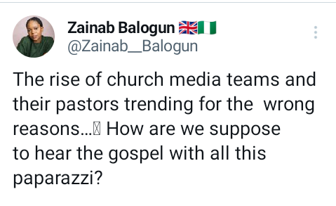 How are we supposed to hear the gospel when church media teams and their pastors are trending for the wrong reasons? - Actress Zainab Balogun asks