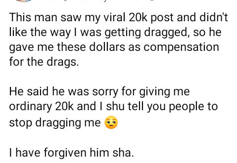 Is it for eba? - Nigerian lady calls out a man who gave her N20k that