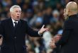 Real Madrid coach Carlo Ancelotti gestures to Manchester City manager Pep Guardiola during a Champions League match in April 2024.