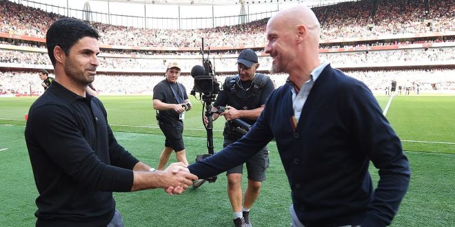 LONDON, ENGLAND - SEPTEMBER 03: Mikel Arteta, Manager of Arsenal, shakes hands with Erik ten Hag, Manager of Manchester United, prior to the Premier League match between Arsenal FC and Manchester United at Emirates Stadium on September 03, 2023 in London, England. (Photo by David Price/Arsenal FC via Getty Images)