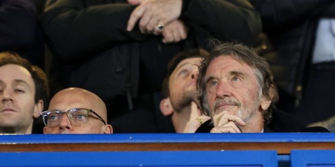 Sir Jim Ratcliffe and Sir Dave Brailsford watch Manchester United in action at Chelsea in April 2024.