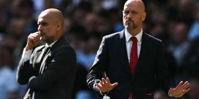 Manchester United manager Erik ten Hag and Manchester City boss Pep Guardiola during the 2024 FA Cup final at Wembley in May 2024.