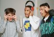John Barnes (centre) in the recording studio alongside Peter Beardsley and Des Walker for the recording of England