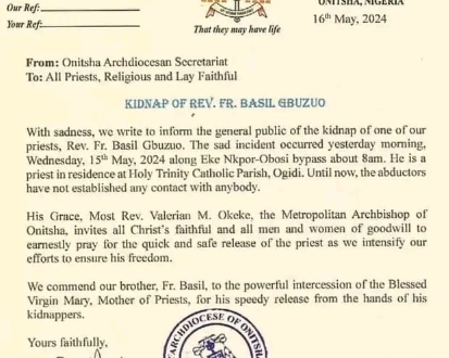 Popular Catholic priest, Fr. Gbuzuo kidnapped in Anambra