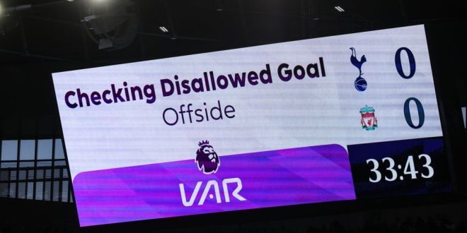 he LED board shows the decision to award Curtis Jones of Liverpool (not pictured) a red card during the Premier League match between Tottenham Hotspur and Liverpool FC at Tottenham Hotspur Stadium on September 30, 2023 in London, England