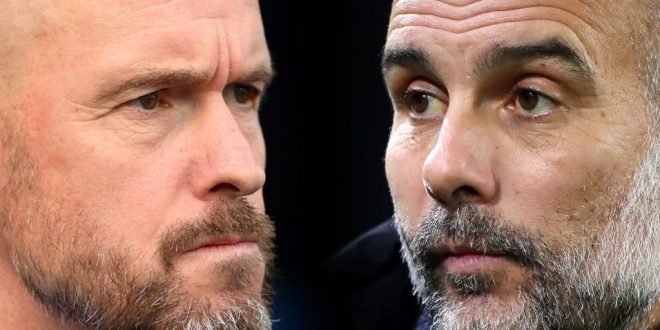 Managers of Manchester United and Manchester City, respectively, Erik ten Hag and Pep Guardiola