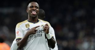 MADRID, SPAIN - 2023/11/11: Vinicius Junior of Real Madrid celebrates a goal during the La Liga 2023/24 match between Real Madrid and Valencia at Santiago Bernabeu Stadium. Final score; Real Madrid 5:1 Valencia. (Photo by Guillermo Martínez/SOPA Images/LightRocket via Getty Images)