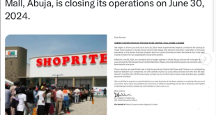 Abuja Shoprite is closing down due to the current business climate