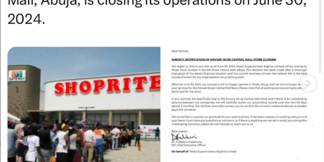 Abuja Shoprite is closing down due to the current business climate
