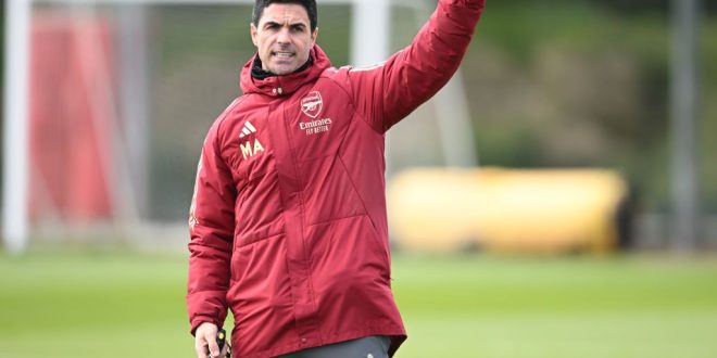 Arsenal manager Mikel Arteta during a training session at Sobha Realty Training Centre on April 26, 2024 in London Colney, England. (Photo by Stuart MacFarlane/Arsenal FC via Getty Images)