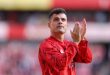Granit Xhaka of Arsenal during the Premier League match between Arsenal FC and Wolverhampton Wanderers at Emirates Stadium on May 28, 2023 in London, England.