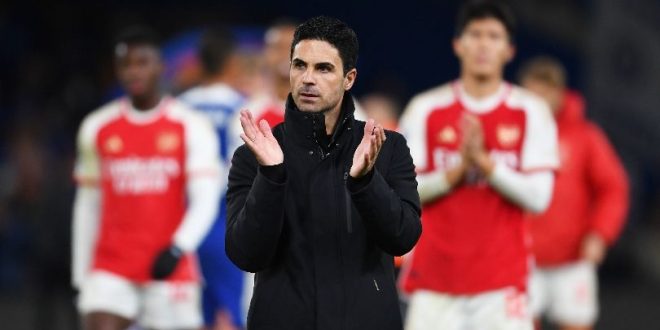Arsenal manager Mikel Arteta applauds after a game against Chelsea in October 2023.