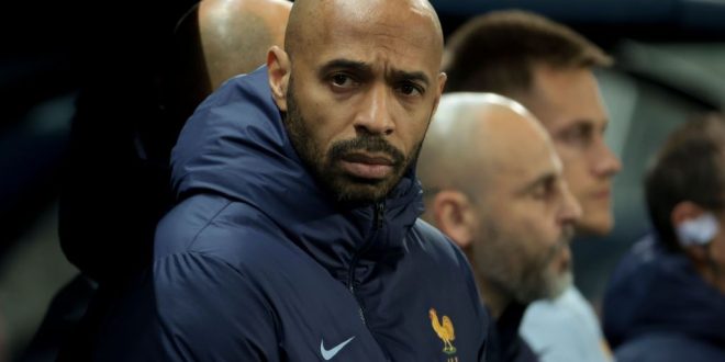 Coach of France Thierry Henry looks on during the U23 international friendly match between France U23 and USA U23 at Stade Auguste Bonal on March 25, 2024 in Sochaux Montbeliard, France. (Photo by Jean Catuffe/Getty Images)