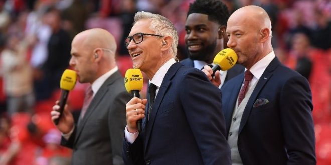 Euro 2024 pundits Gary Lineker, Danny Murphy, Micah Richards and Alan Shearer working on BBC coverage of the FA Cup semi-final between Manchester City and Liverpool at Wembley in April 2022.