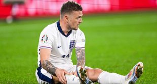 Injury to Kieran Trippier of England during the UEFA EURO 2024 group C match between Serbia and England at Veltins Arena on June 16, 2024 in Gelsenkirchen, Germany.