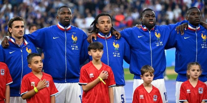 France players sing the national anthem in their Euro 2024 warm-up game against Luxembourg in June 2024.