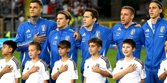 Italy players sing the national anthem ahead of their Euro 2024 warm-up game against Bosnia and Herzegovina in June 2024.