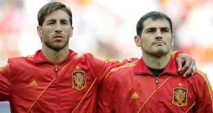 Spain pair Sergio Ramos and Iker Casillas look on during the Spanish national anthem ahead of a game against Italy at Euro 2012.