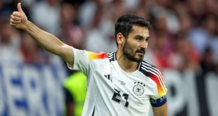 Germany captain Ilkay Gundogan raises his thumb during his side